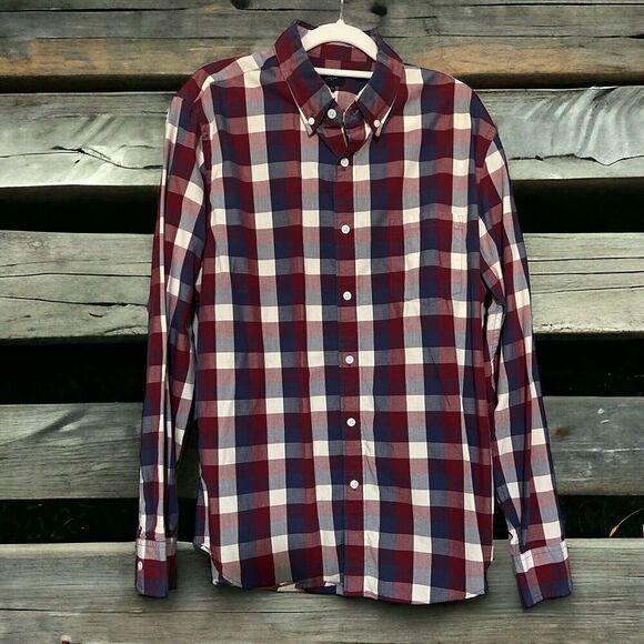 J Crew‎ Mens Button Down Shirt Red White Blue Check Size Large 100% Cotton - Picture 1 of 6